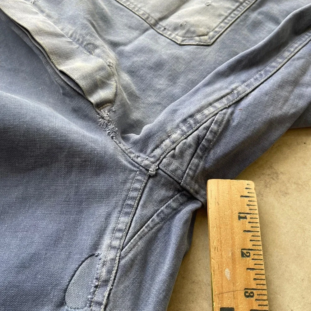 Vintage 40s French Workwear Chore Pants Blue Faded Distressed Button Fly 38x28